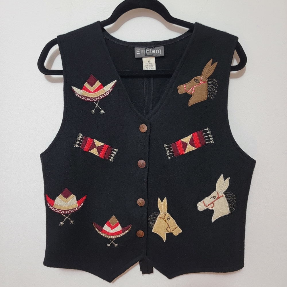 Vintage Western Black Wool Vest with Embroidered Donkey Sombrero Hat Size Medium